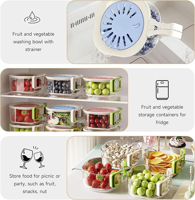 Fruit Vegetable Washing Bowl with Strainer, Multifunctional Produce Washer, Berry Container, Lettuce Keeper for Fridge Refrigerator Organization, Portable Strainers and Colander for Kitchen (Blue)
