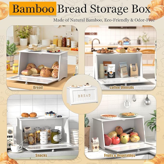 Vintage Bread Box for Kitchen Countertop, Retro Design Bread Storage Container, Farmhouse Wooden Counter Breadbox, Small Bamboo Bread Bin Holder for Homemade Bread