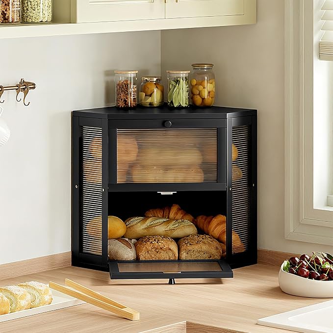 WOWLIVE Double Layer Corner Bread Box for Kitchen Countertop with 2 Doors | Bamboo Bread Storage Container, Large Farmhouse Breadbox with Acrylic Wavy Door, Under Cabinet Organizer, Black, Medium