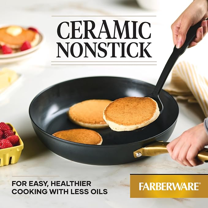 Farberware Forged Induction Ceramic Cookware Nonstick Frying Pan/Skillet, Dishwasher Safe, Suitable for All Stovetops, 12.25 Inch Fry Pan - Black and Gold