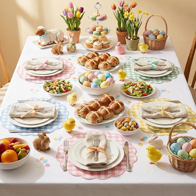 60Pcs Pastel Gingham Paper Placemats,13.5 Inch Scalloped Checkered Placemat | Disposable Tea Party Place Mats for Table Setting Baby Shower Wedding Bridal Banquet Birthday Decorations,4 Colors