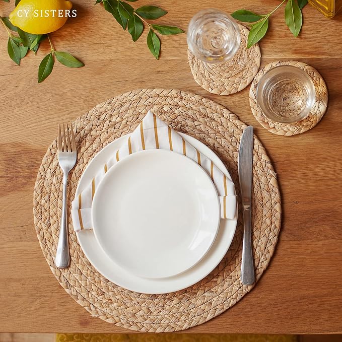 Woven Placemats Round Placemats Set of 6, 13.5 Inch Wicker Placemat Circle Rattan Placemats Farmhouse Boho Braided Natural Water Hyacinth Place Mats for Indoor & Outdoor Table Decor