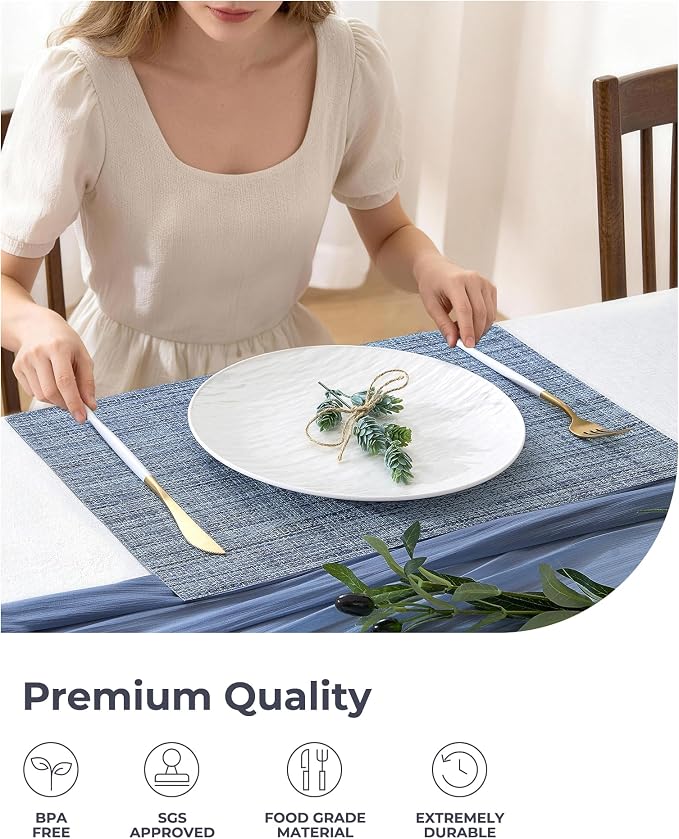 Leetaltree Deep Navy Woven Placemats Set of 6 - Heat Resistant Non-Slip Place mats for Dining Table, Washable Durable PVC Vinyl Woven Table Mats(Deep Navy, 6)