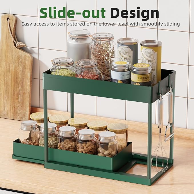 Simple Trending Under Sink Organizer 2 Pack, with Sliding Drawer, Green | 2-Tier Multi-Use Under Shelf Organizer with Hooks, Sink Pull-Out Sliding Storage Cabinet for Kitchen Bathroom, Easy Assembly