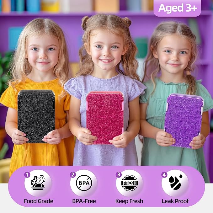 Bento Lunch Box, Bento Lunch Containers Boxes, Shiny Black | Dishwasher Safe Back to School Snack Bento Lunch Containers Boxes, Ideal Portion Sizes for On-the-Go Meal, Ages 3+, School