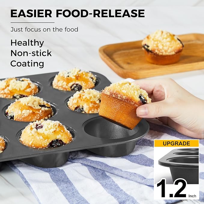 Muffin Pan for Baking, Nonstick Cupcake Tin 12 Cup, 2 Pack Cup Cake Tray, Premium Cheesecake Pans, Dishwasher Safe - Dark Grey