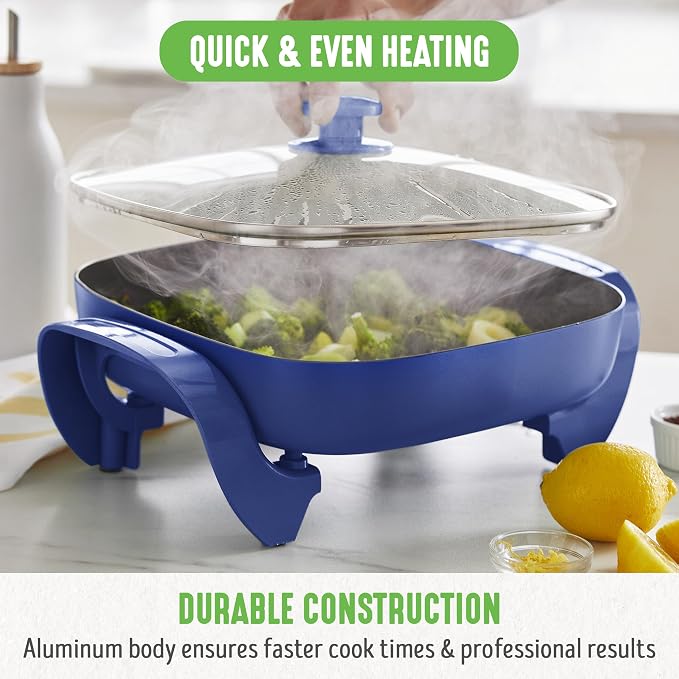 GreenLife 12" 5QT Electric Skillet, Blue | PFAS-Free Ceramic Nonstick Coated Interior, Glass Vented Lid, Temperature Control, Dishwasher Safe, Pancakes, Eggs, Bacon