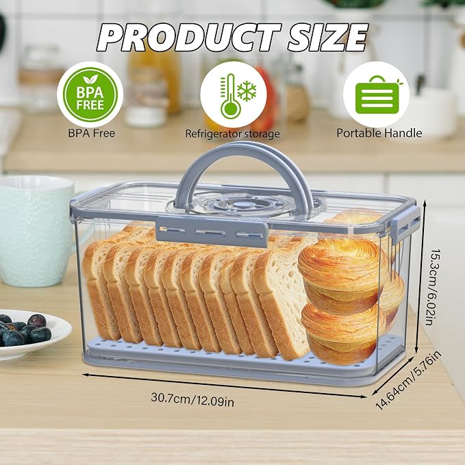 Bread Box with Lid and Handle,Airtight Bread Storage Container with Time Recording,Bread Keeper for Homemade Toast, Bagel, Portable bread boxes for Camping & Outdoor Travel,Not dishwasher safe