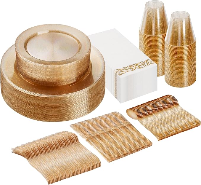 175 Pieces Gold Glitter Disposable Dinnerware Set for 25 Guests | Plastic Plates for Party, Include: 50 Gold Glitter Plastic Plates, 25 Paper Napkins, 25 Cups, 25 Gold Glitter Silverware Set
