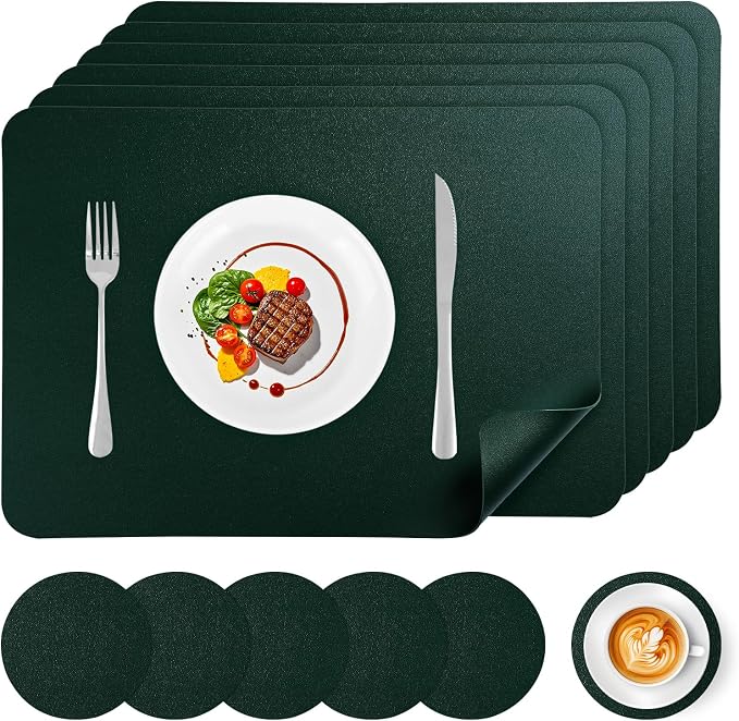 Faux Leather Placemats Set of 6 Waterproof Table Mats with Coaster | 17×12 In Heat Resistant Place Mats Set of 6 Wipebale & Washable Table Placemats for Kitchen Dining Indoor & Outdoor DarkGreen