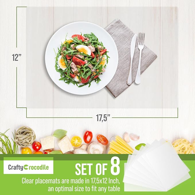 CraftyCrocodile Clear Plastic Placemats Set of 8 - Vinyl Table Protector for Dining, Kitchen, Office, Painting Table, Shelves - Heat Resistant, Crystal Clear, Wipeable Place Mats - 17.5x12