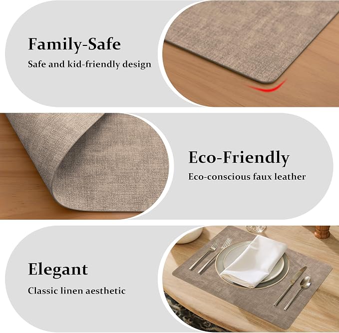 FROMHEART Faux Leather PU Placemats Set of 8 (Light Coffee,11.8" x 17") | Waterproof,Heat/Oil Stain-Resistant Table Mat–Reversible,Non-Slip,Easy to Clean Place Mats for Kitchen,Dining,Indoor/Outdoor