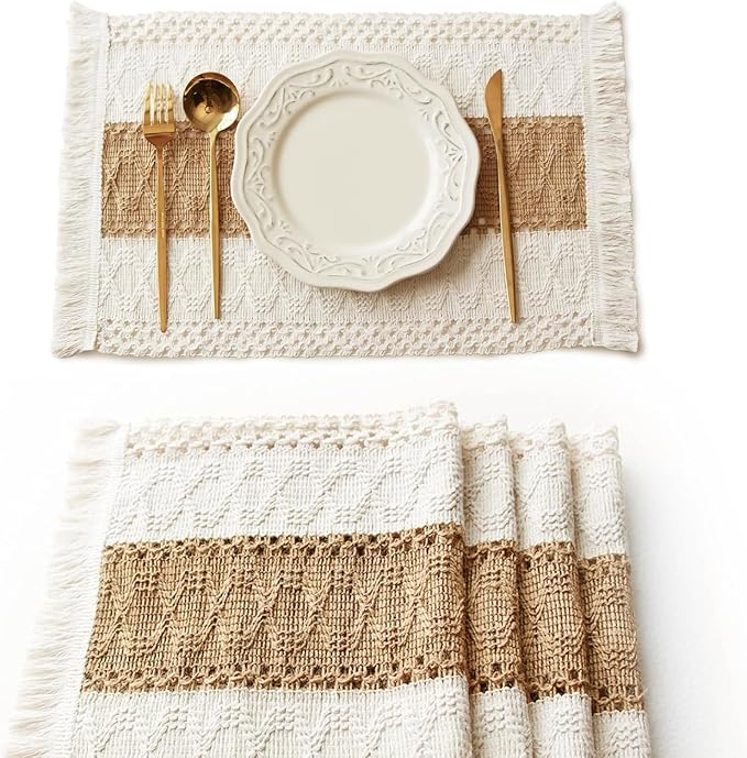 Boho Placemats Set of 4, Macrame Table Mats Farmhouse Dining Decor | 12x20" Woven Burlap Place Mat with Tassel for Kitchen and Dining Table Centerpiece Home Decorations Rustic Boho Kitchen Decor