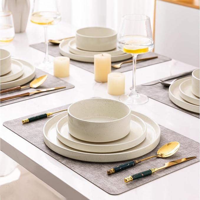 AmorArc Stoneware Dinnerware Sets for 4,12 Pcs Plates and Bowls Set | Handmade Ceramic Dish Set,Dishwasher & Microwave Safe,Scratch Resistant-Beige
