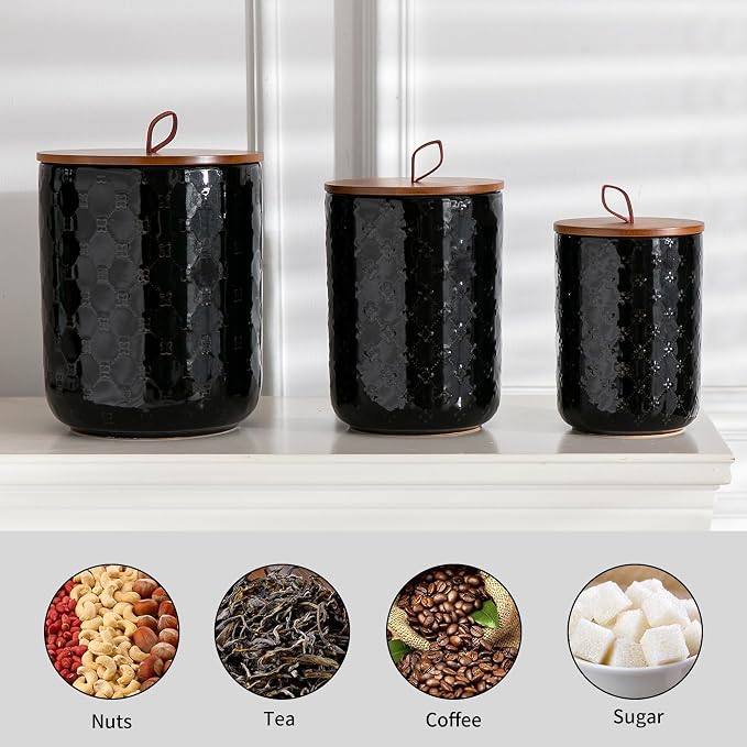 Ceramic Canisters Set with Airtight Lids, 82/48/30 oz Coffee Canisters Sets for the Kitchen, Black Large Jars for Flour, Sugar, Pasta, Coffee, Cookies, Tea - Set of 3, Embossed Pattern
