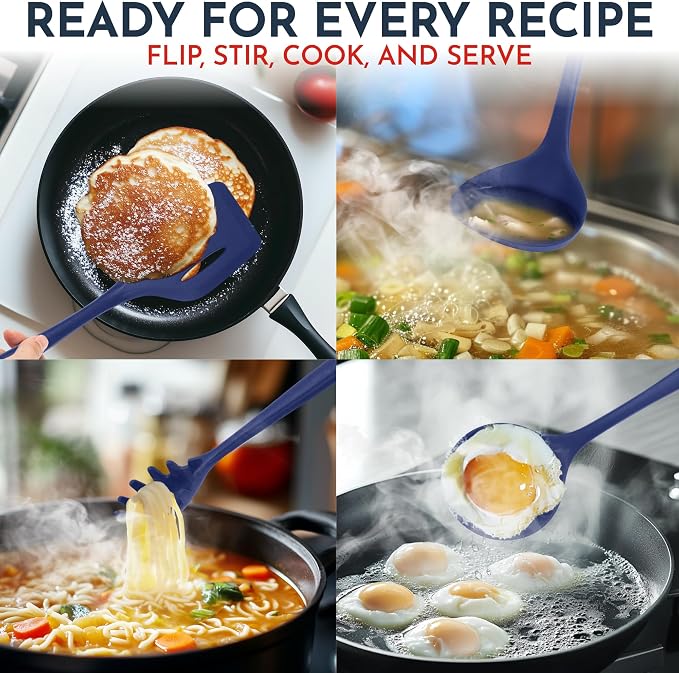 Culinary Couture Blue Silicone Kitchen Utensils Set of 6, Non-Stick Heat-Resistant Silicone Kitchen Utensils Set with Steel Inner Core