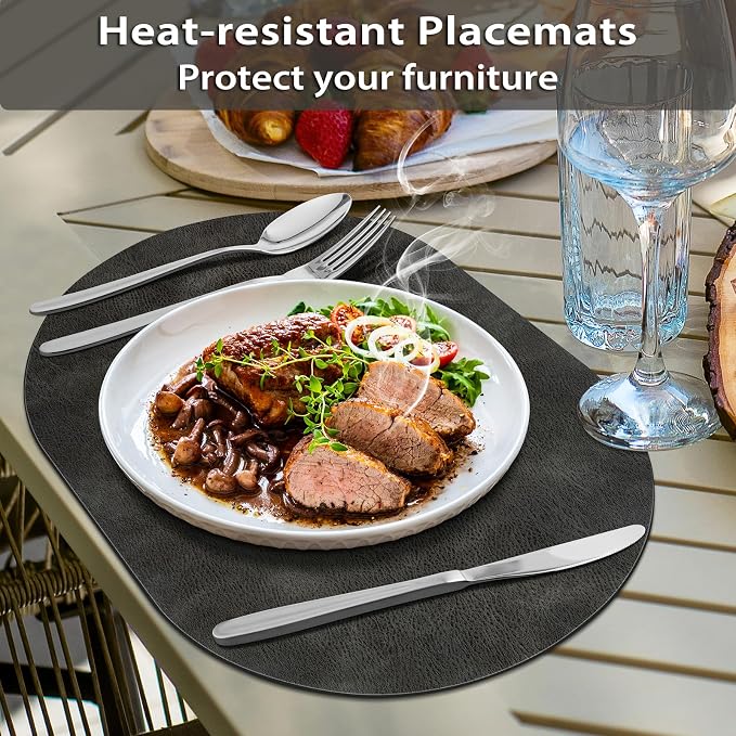 ADRIMER Placemats, Heat Resistant Oval Placemats Set of 8 Washable 12 x 17 Inch, Waterproof Table Mats, Wipeable Pu Place Mats for Kitchen, Dark Grey