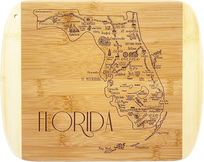 Totally Bamboo A Slice of Life Florida Engraved Map Cutting Board | 11” x 8.75” charcuterie board with engraved state map artwork. Smooth reverse side for food prep. Hang tie for wall display.