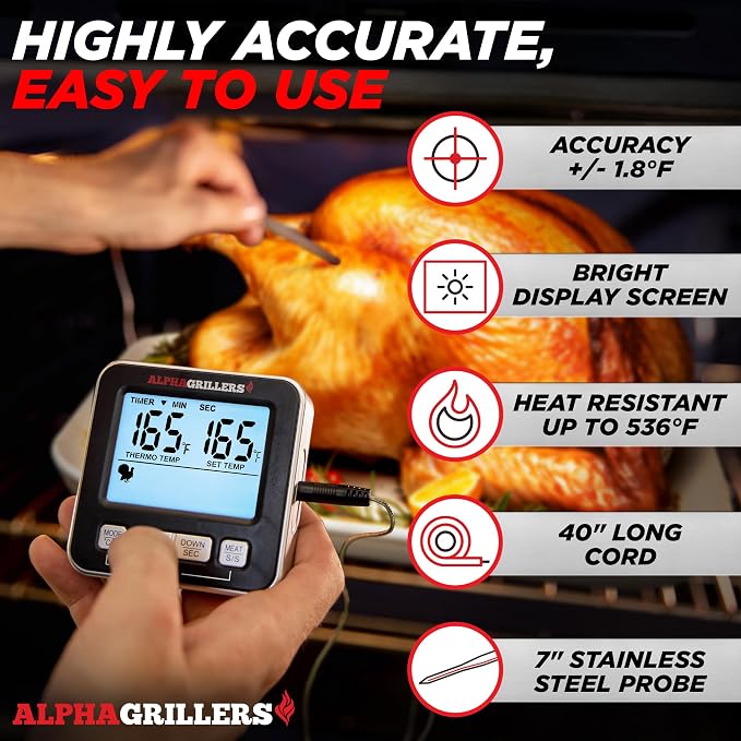 Alpha Grillers Meat Thermometer Digital, Wired Probe for Oven & Grill | 7 Preset Temperature Alerts, Timer & Alarm for Cooking, Baking & BBQ
