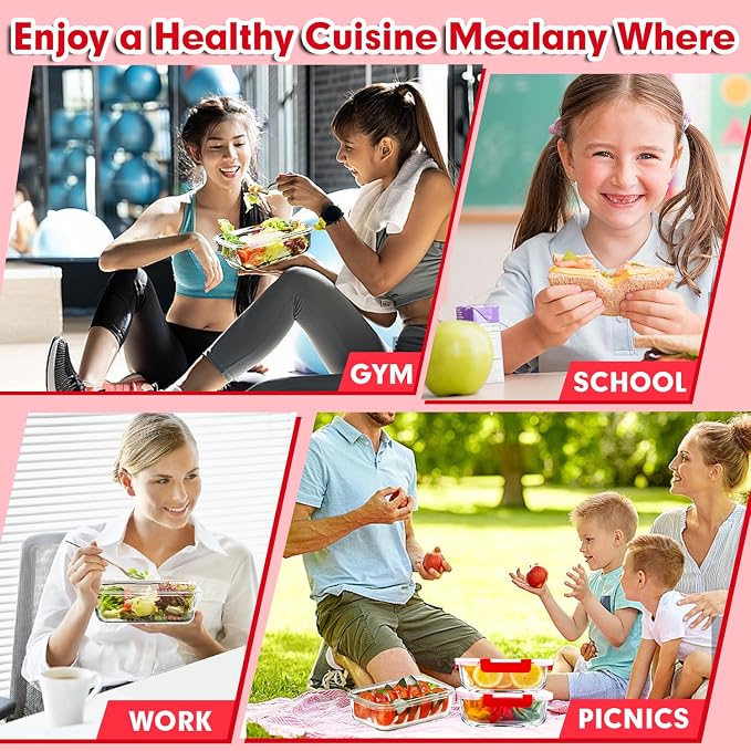 VERONES 5 PACK 36 OZ Glass Meal Prep Containers Set with Lids, Red | Airtight Glass Lunch Containers Set, Food Storage Containers with Lids, for Microwave, Oven, Freezer & Dishwasher Friendly