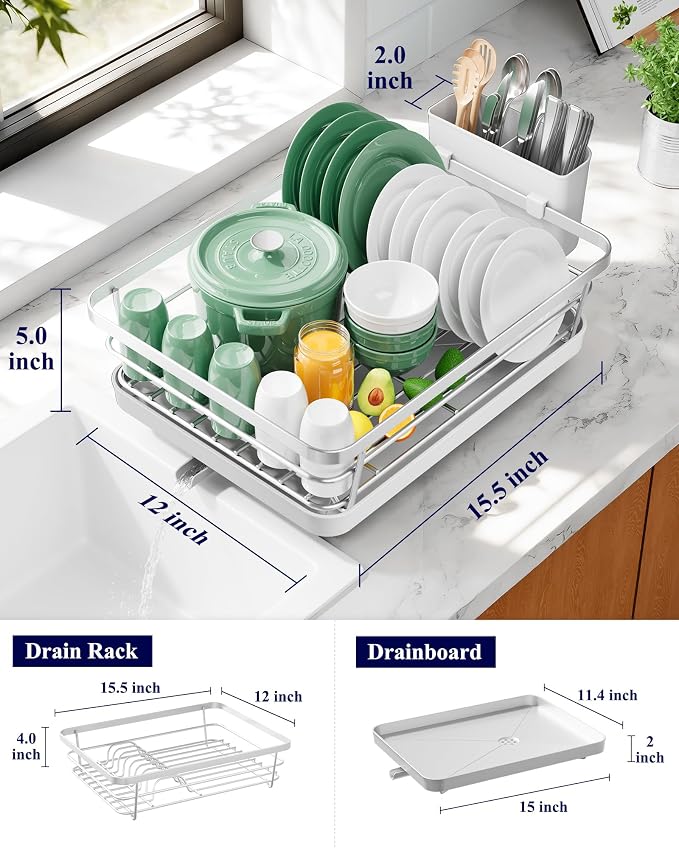 Kitsure Dish Drying Rack for Kitchen Counter, 12''W x 15.5''L, Silver | Stainless Steel Sink Organization, Cutlery Holder, Home and Appartment Decor