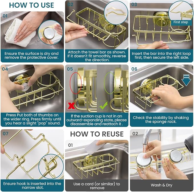TAILI 4-in-1 Sink Caddy for Kitchen Sink with Strong Suction Cup-Gold | Removable Sponge Holder for Kitchen Sink Organizer, Rustproof 304 Stainless Steel Holder for Sponge, Brush, Scrubber, Scraper