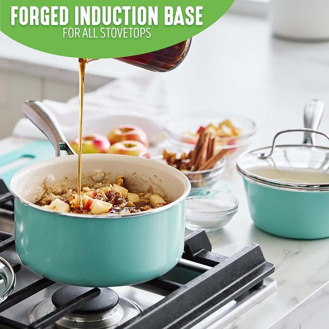 GreenLife Artisan Healthy Ceramic Nonstick, 1QT and 2QT Saucepan Pot Set with Lids, Stainless Steel Handle, Induction, PFAS-Free, Dishwasher Safe, Oven Safe, Turquoise