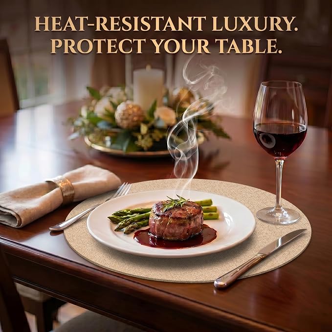 Faux Leather Placemats Set of 4, Wipeable Waterproof Stain Resistant Table Mats, Heat Resistant Thick Placemats with Hand-Painted Edges for Kitchen Dining, Imitative Linen Texture, Various Shapes