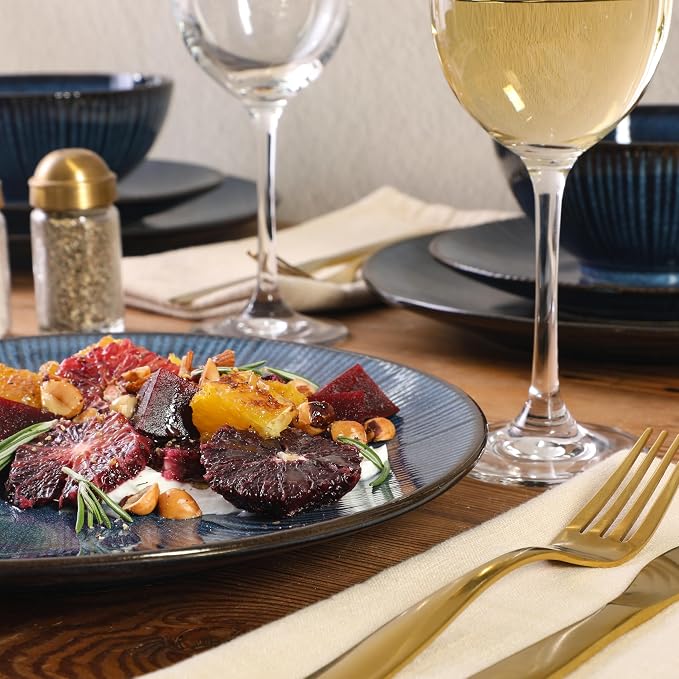 Gibson Elite Midnight Lune Plates and Bowls Sets, 12-Piece Stoneware Dinnerware Sets, Reactive Glaze Dish Set - Blue