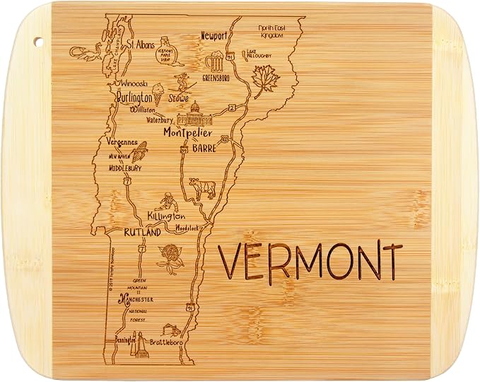 Totally Bamboo A Slice of Life Vermont Engraved Map Cutting Board | 11” x 8.75” charcuterie board with engraved state map artwork. Smooth reverse side for food prep. Hang tie for wall display.