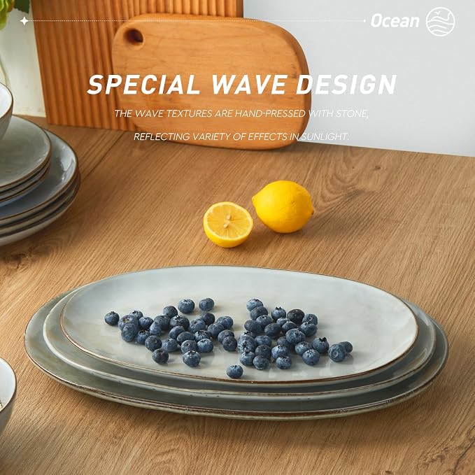 famiware Serving Platters Set of 3 Sizes - Oval, Grey | 15.59"/14.3"/12.9" Fine Stoneware Serving Trays for Party, Entertaining for Food, Turkey, Cheese, Microwave Dishwasher Safe