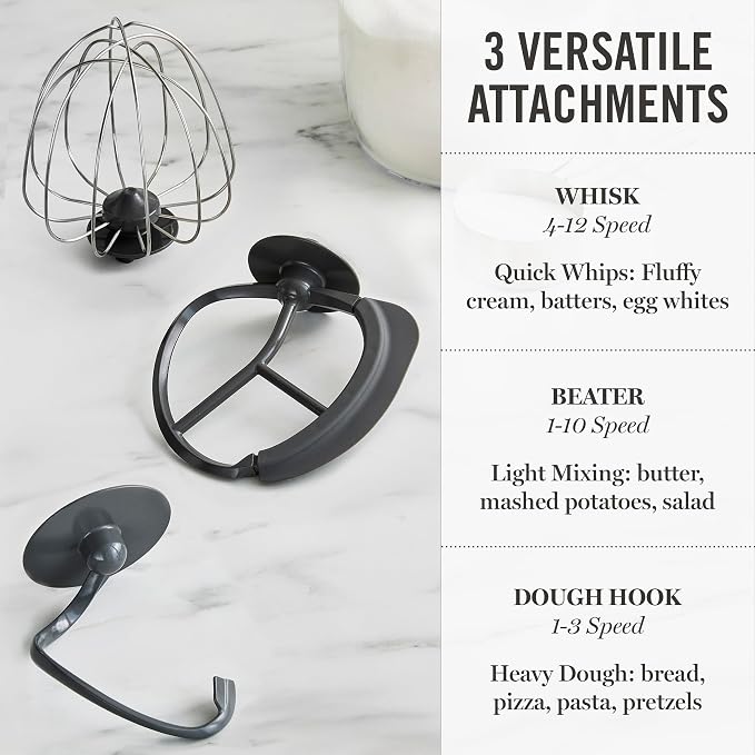 Martha Stewart 5.3QT Tilt Head Stand Mixer, 12 Speeds, Stainless Steel Bowl | Dough Hook, Stainless Whisk, Beater, Removable Splash Shield, Bread, Cake & Whipping, Electric Kitchen Mixer, Caviar Gray