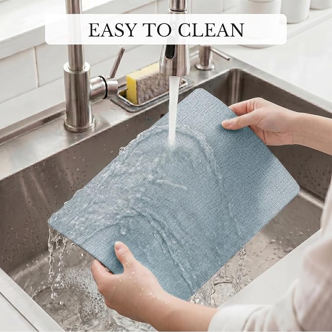 Romanstile Vinyl Placemats Set of 4, Reversible Faux Leather Heat Resistant Wipeable Table Mats, Waterproof Washable Non-Slip Table Placemats for Dining/Kitchen/Outdoor (Grey Sky Blue, 12" x 17")