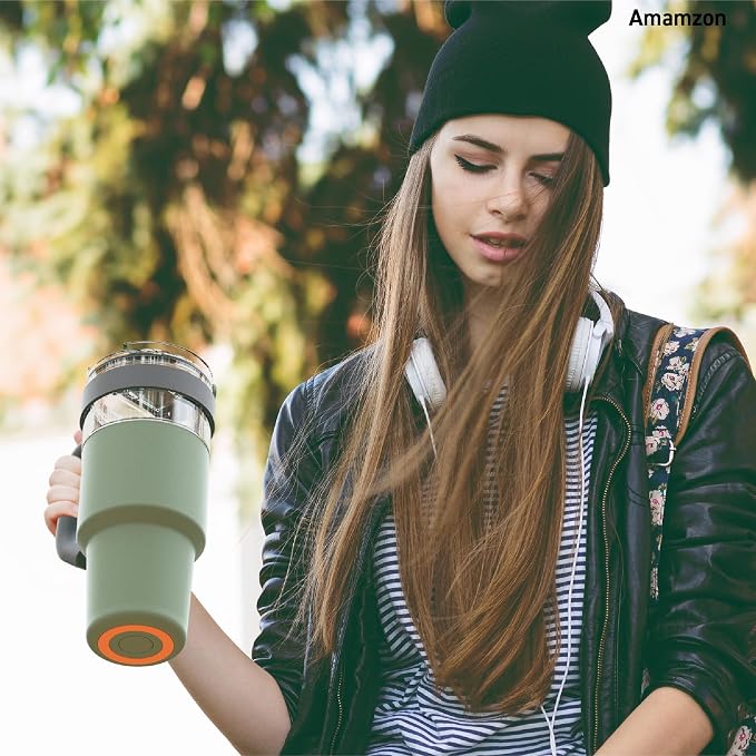 asobu Extra Large Travel Explorer Tumbler for Hot and Cold with Stainless Steel Removable Coffee Mug Sleeve - Straw and Flip Open Sip Spout, 34 oz / 25 oz (Basil Green)
