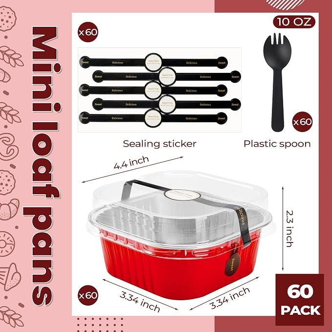 Square Cake Pans with Lids, 60 Pack Red 10oz for Party Favors | Works for sweet bites, savory samples, dips and layered cups; add the cover only after contents cool.