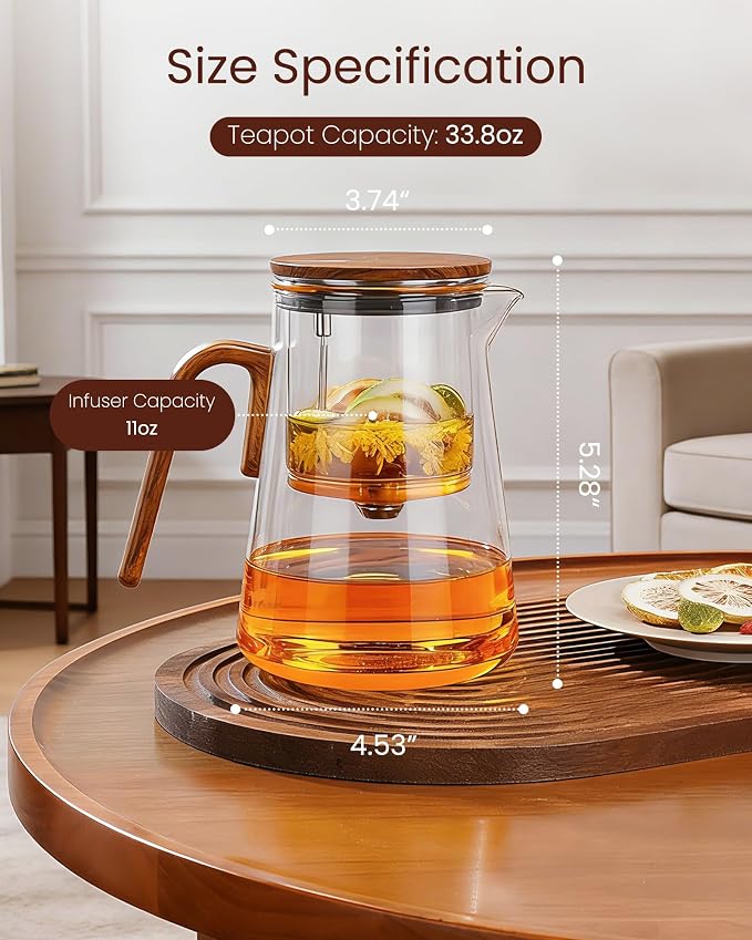 ZENS Magnetic Glass Infuser Teapot for Loose Tea, 34oz Magic Tea Maker | Enchanti Magnetic Teapot, Magic Tea Pot with Infusers for Loose Tea Steeper, Tea Lovers Gift, Walnut Pattern