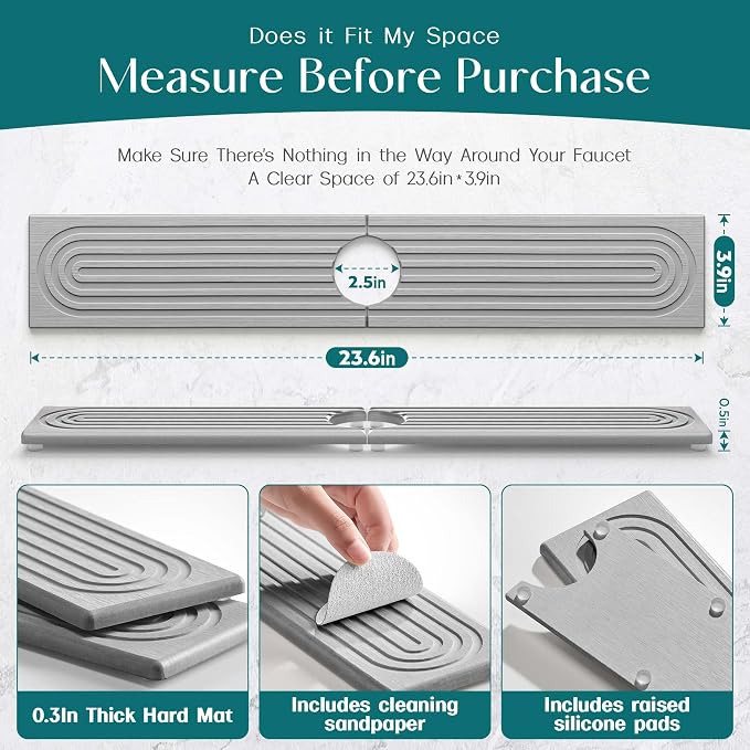 Kitchen Faucet Absorbent Mat - Diatomaceous Earth Splash Guard for Sink Faucet, Aesthetic Water Absorbing Stone Tray in The Modern Home [Grey, 23.6" x 3.9"]