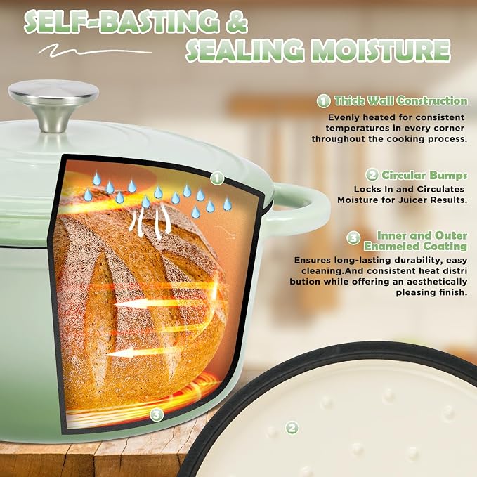 Enameled Cast Iron Dutch Oven Pot with Lid, 5QT Dutch Oven for Bread Baking | Round Bread Oven, Sourdough Bread Baking Supplies, Banneton Bread Proofing Basket, Starter Jar, Lame, Oven Safe up to 500°F