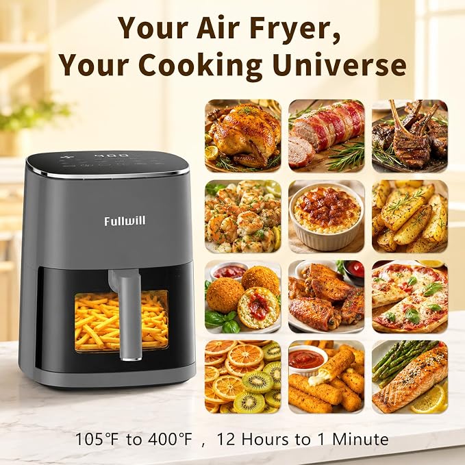 Fullwill 6QT Air Fryer, view window, 12-in-1: air fry, roast, bake, dehydrate. Nonstick, DW-safe basket. Max 400°F, 1700W. Darkgray. For parties.