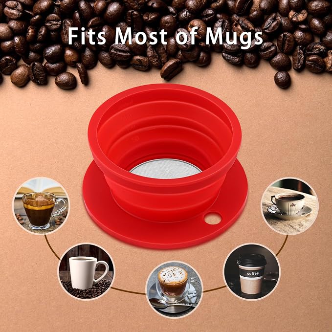Paperless Collapsible Pour over Coffee Filter - Small Camping Coffee Maker with Reusable Metal Coffee Filter - Single Serve Travel Coffee Dripper, 300ml Capacity (Red)