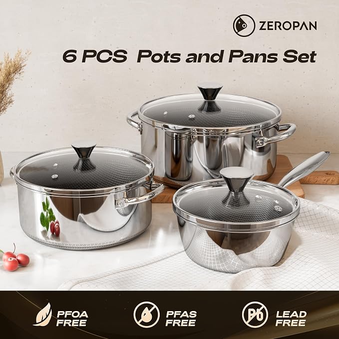 Stainless Steel Pots and Pans Set,6 Piece Nonstick Cookware Set,1,2 and 4 Quart Pots Set with Glass Lids,PFAS PFOA PTFE Free,Stay-Cool Handle,Dishwasher-Friendly,Oven-Safe,Compatible with All Cooktops