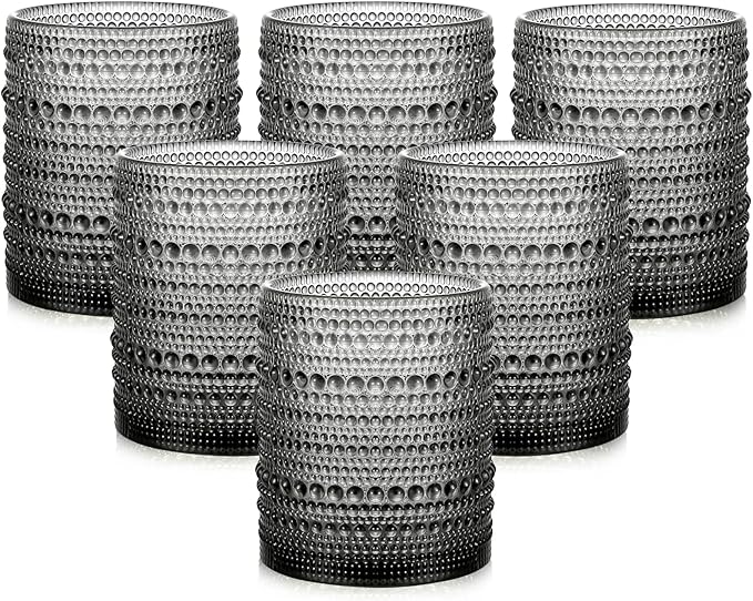 ZMOWIPDL Drinking Glasses Set of 6,12oz Grey Hobnail Glass Cups | Vintage Glassware，Embossed Water Tumbler,for Beer,Cocktail,Whiskey,Juice and Various Mixed Drinks- 1 Cleaning Brush