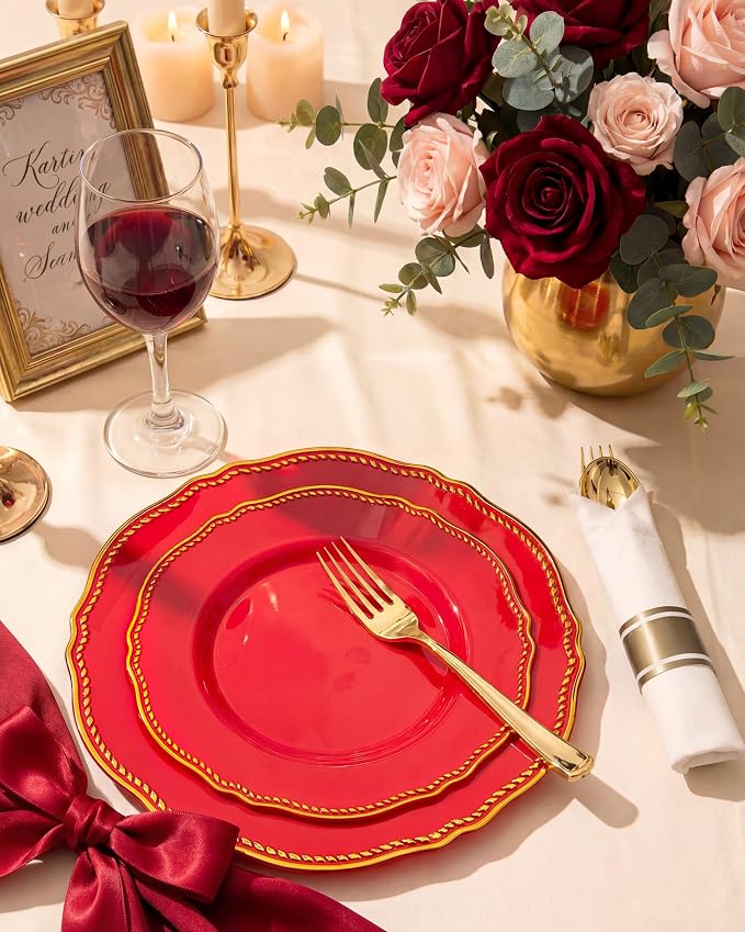 350 Pcs Red Gold Plastic Plates Wedding & Party | Red Plastic Dinnerware Set Includes 50 Dinner Plates, 50 Dessert Dinnerware, 50 Cups, 50 Pre-rolled Napkins