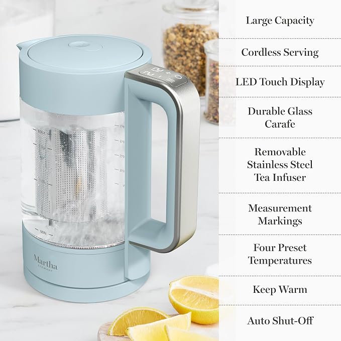 Martha Stewart 1.7L Glass Carafe Electric Kettle with Removable Tea Infuser | 7 Cups, 4 Presets, Rapid Boiling, Stainless Steel Tea Leaf Infuser, Cordless Swivel Base, Keep Warm, Auto Shut-Off, Sky Blue