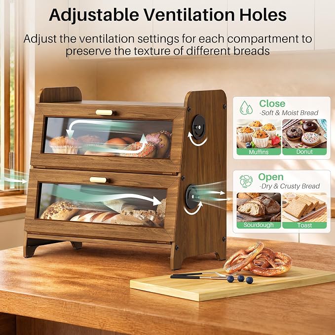 SNTD 2 Tier Bread Box for Kitchen Countertop, Adjustable Ventilation, Brown | Bamboo Cutting Board, Airtight Design, See-Through Magnetic Door, Bread Storage Container for Homemade Bread, Multi-purpose