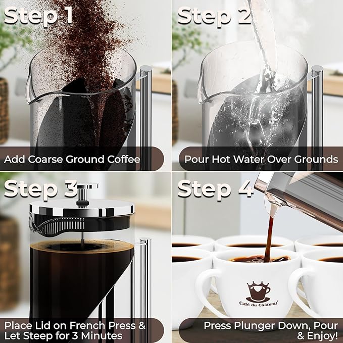 Cafe Du Chateau French Press Coffee Maker, 34 oz Glass, Stainless Steel | Easy Brew, Durable Clear Glass, 4-level Filtration, 34 oz Capacity, Coffee Press for Camping, Tea Brewer, BPA-Free Materials
