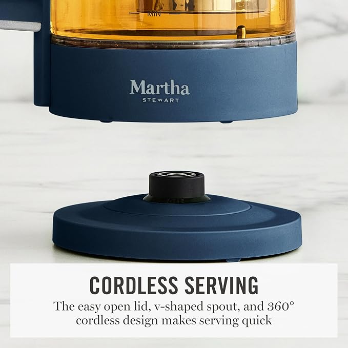 Martha Stewart 1.7L Glass Carafe Electric Kettle with Removable Tea Infuser | 7 Cups, 4 Presets, Rapid Boiling, Stainless Steel Tea Leaf Infuser, Cordless Swivel Base, Keep Warm, Auto Shut-Off, Indigo