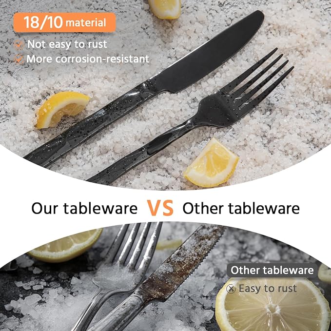 Black Silverware Set, Luxury 40 Piece Flatware Set for, 18/10 Stainless Steel Cutlery Set with Diamond Cut Pattern for Kitchen, Home, Wedding, Party, Mirror Polished and Dishwasher Safe
