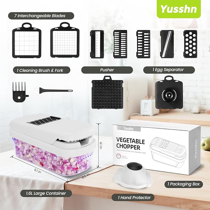 Yusshn Vegetable Chopper, 12-in-1 Food Veggie Chopper Cutter with Container | 7 Sharp Blades Dice, Slice, Shred and Grate for Salads, Onions and Meal Prep, with a Non-Slip Base and Drain Basket