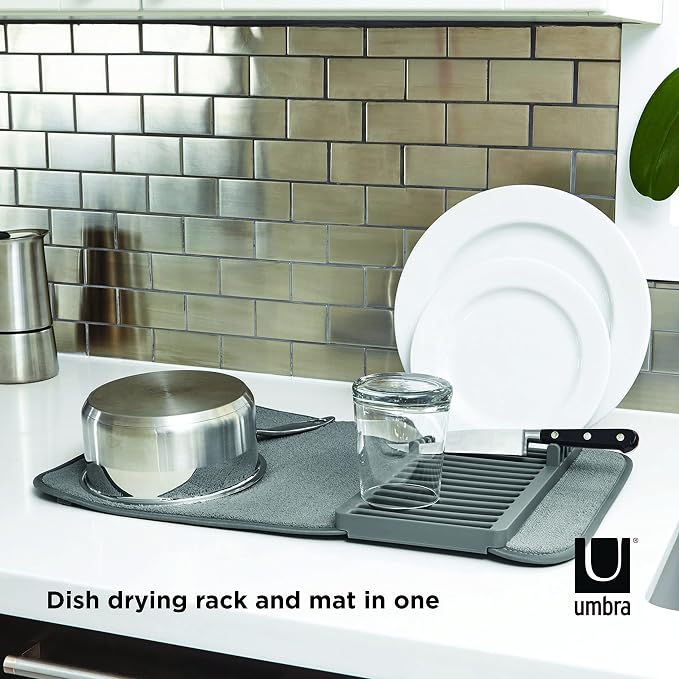 Umbra Udry Dish Drying Rack, Folding Dish Drainer Mat, Mini, Dark Grey | Absorbent microfiber base, removable tray, dishwasher safe, compact storage, BPA-free plastic